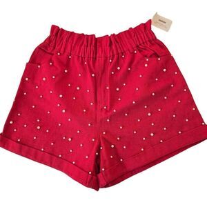 NWT Fantastic Fawn Womens Cuffed Paperbag Shorts with Pearl Accent Red Large